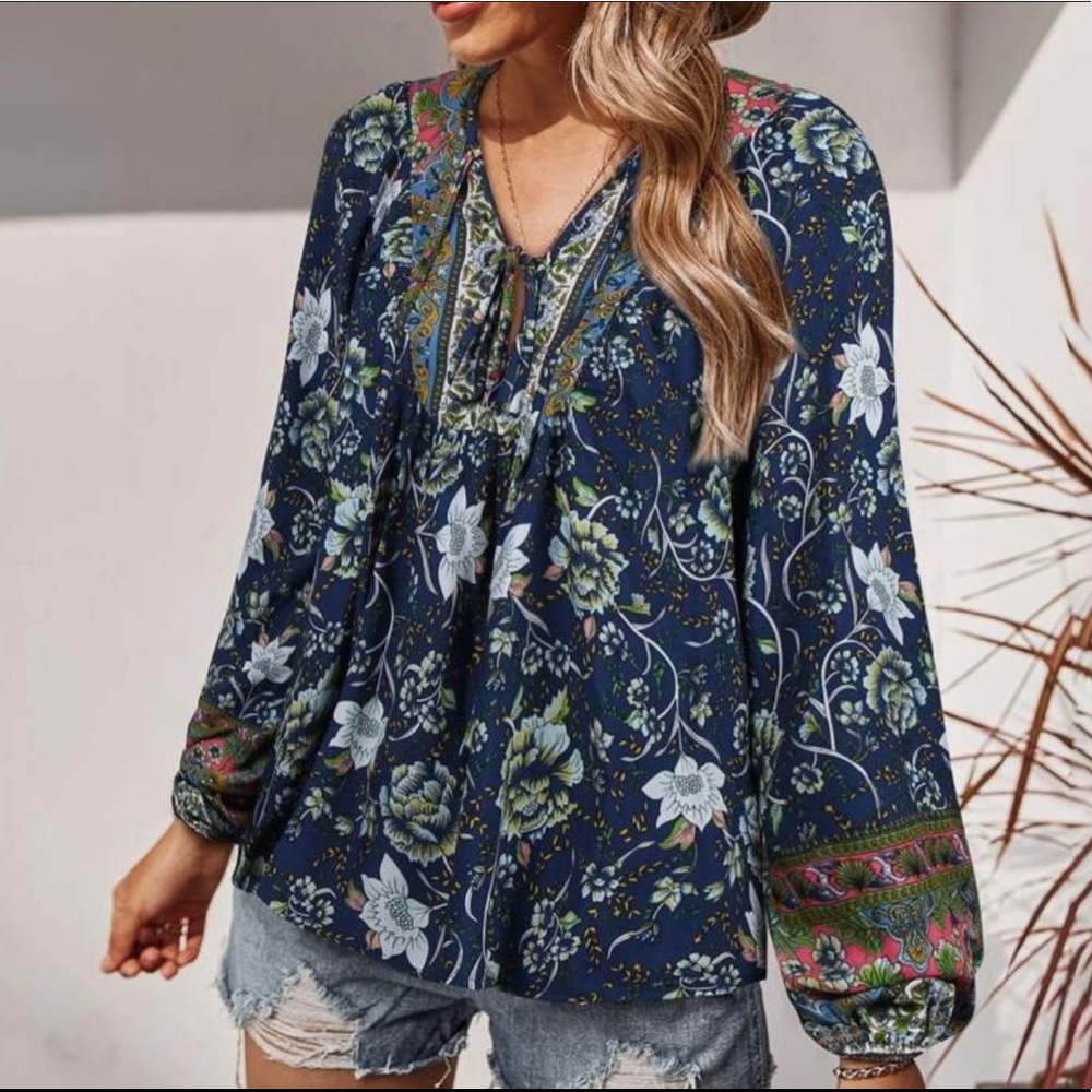 Bohemian Gypsy Mint Floral Print Blouse Top - Picture 6 of 10